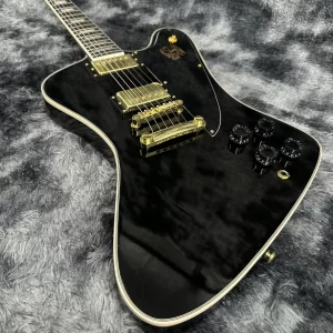 Firebird Black Electric Guitar with Electric Gold Accessories