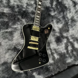 Firebird Black Electric Guitar with Electric Gold Accessories